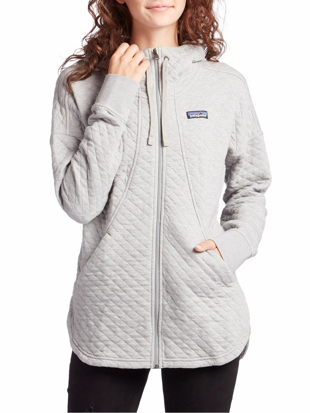 #323- Patagonia Woman’s Organic Cotton Light Gray Quilted Full-Zip Hoodie